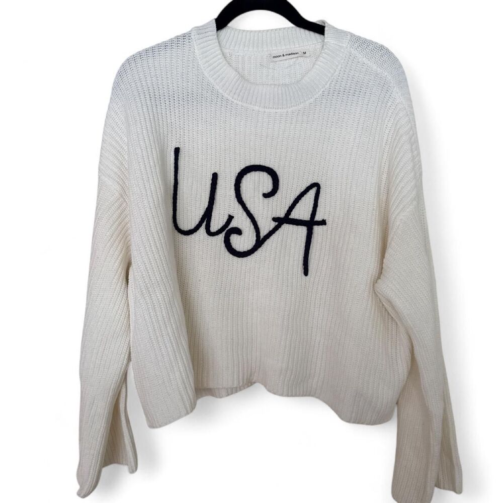 Women's USA Graphic Knit Sweater Medium White Navy Americana Patriotic Coastal